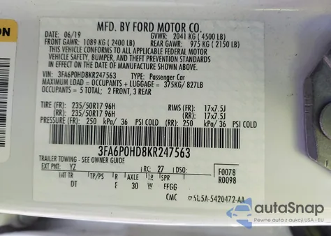 2019 Ford Fusion Se from USA, damaged, VIN 3FA6P0HD8KR247563